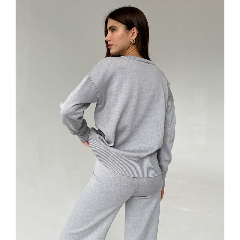 Women's Temperament Solid Color Pullover Sweater Straight Pants Set
