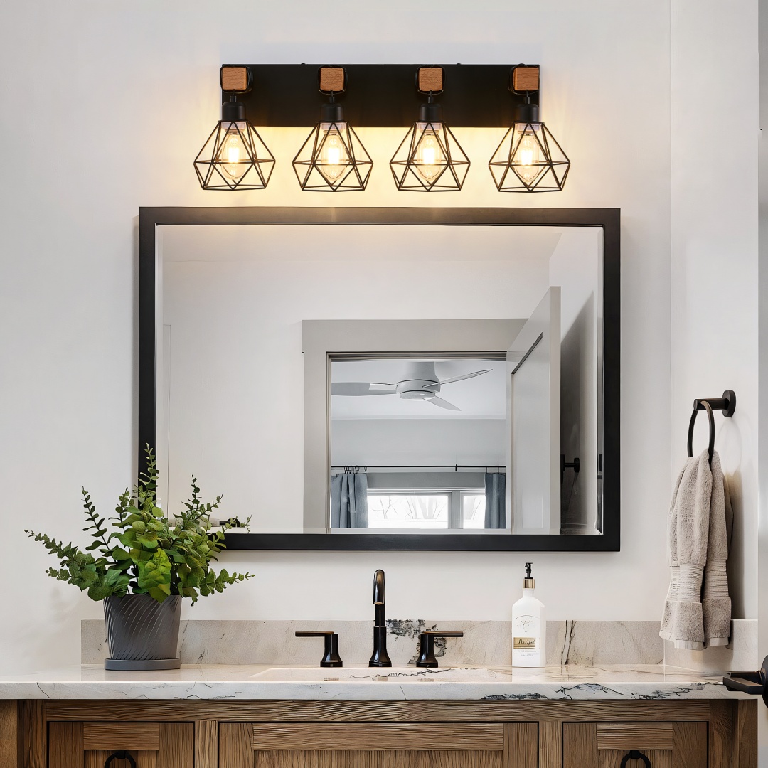 24  Modern Geometric 4-Light Vanity Light Fixture With Black Metal, Wooden Accents And Cage Lampshade For Bathroom, Bedroom, Or Living Room  Bulb Not Included
