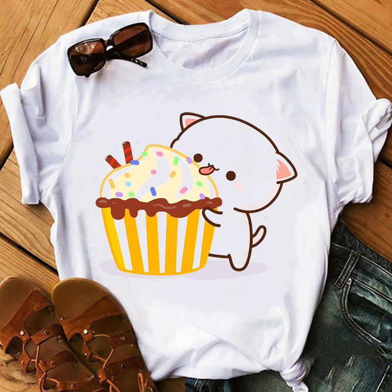 Title 11, Cute Cartoon Cat Print Couple White T-shirt Loo...