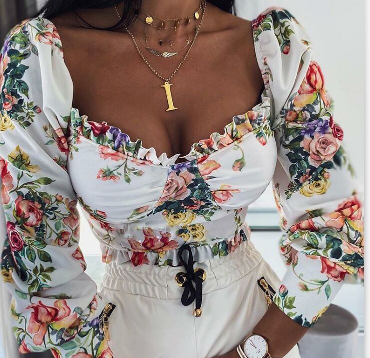  Spring New Amazon AliExpress Printed Rose Flower Long-sleeved T-shirt In Stock