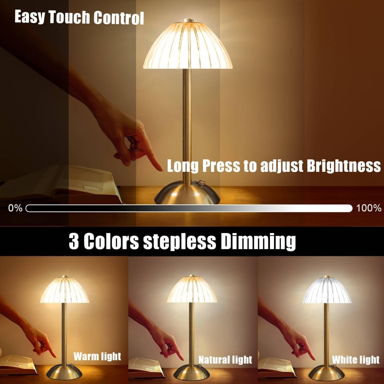 LED Lamp Modern Table Lamp Dimmable Cordless Night Decor Light USB Rechargeable
