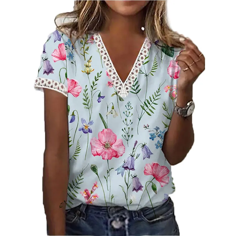 Printed V Neck Short Sleeved T Shirt - Blue