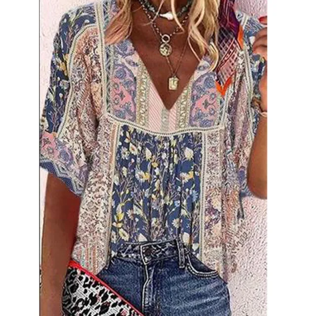 European And American Women's New Printed V neck Loose T shirt Pink - Shop at LoveMi
