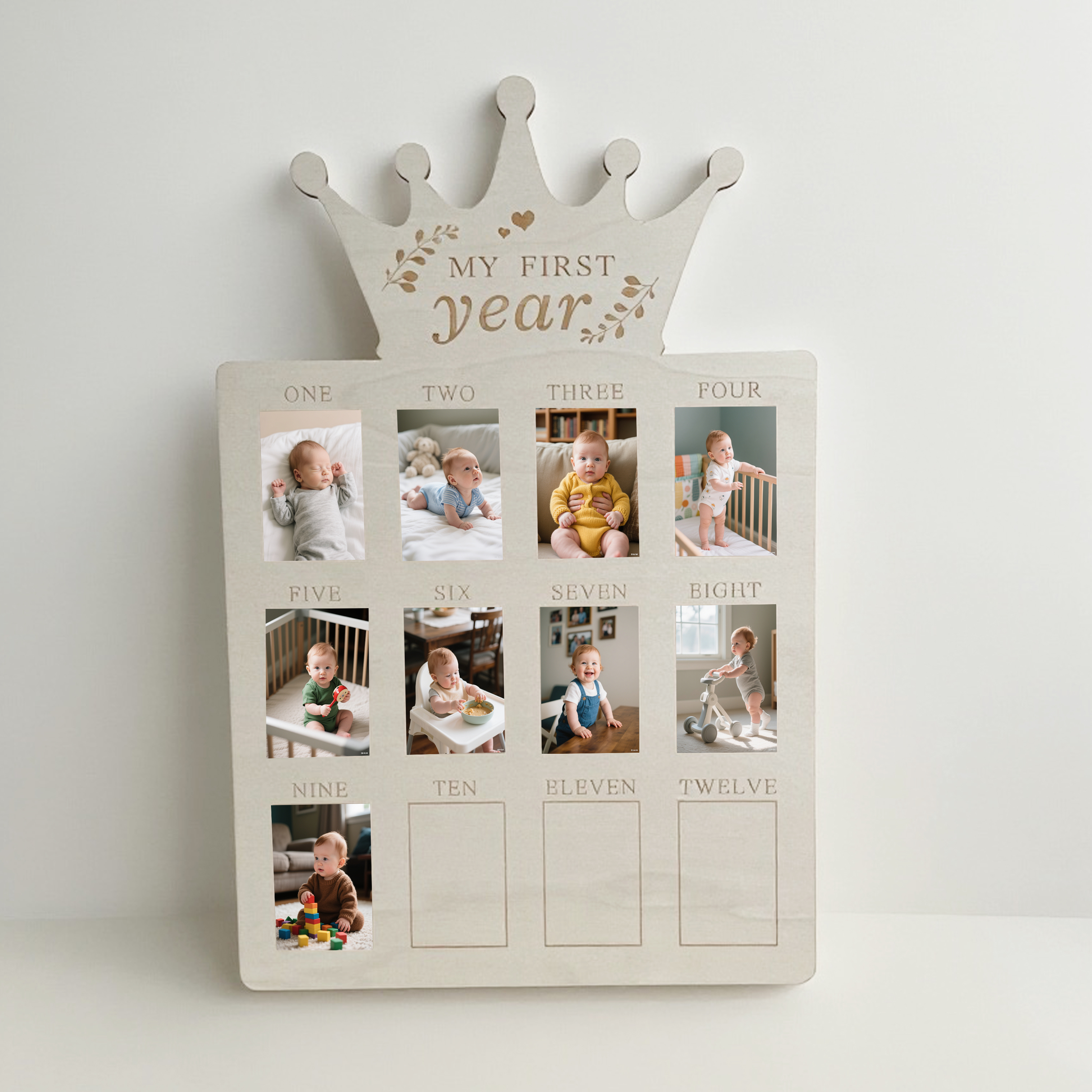 Crown Wooden Baby First Year Photo Frame, My First Year 12 Months Milestone Picture Board, Newborn Monthly Growth Keepsake Decor