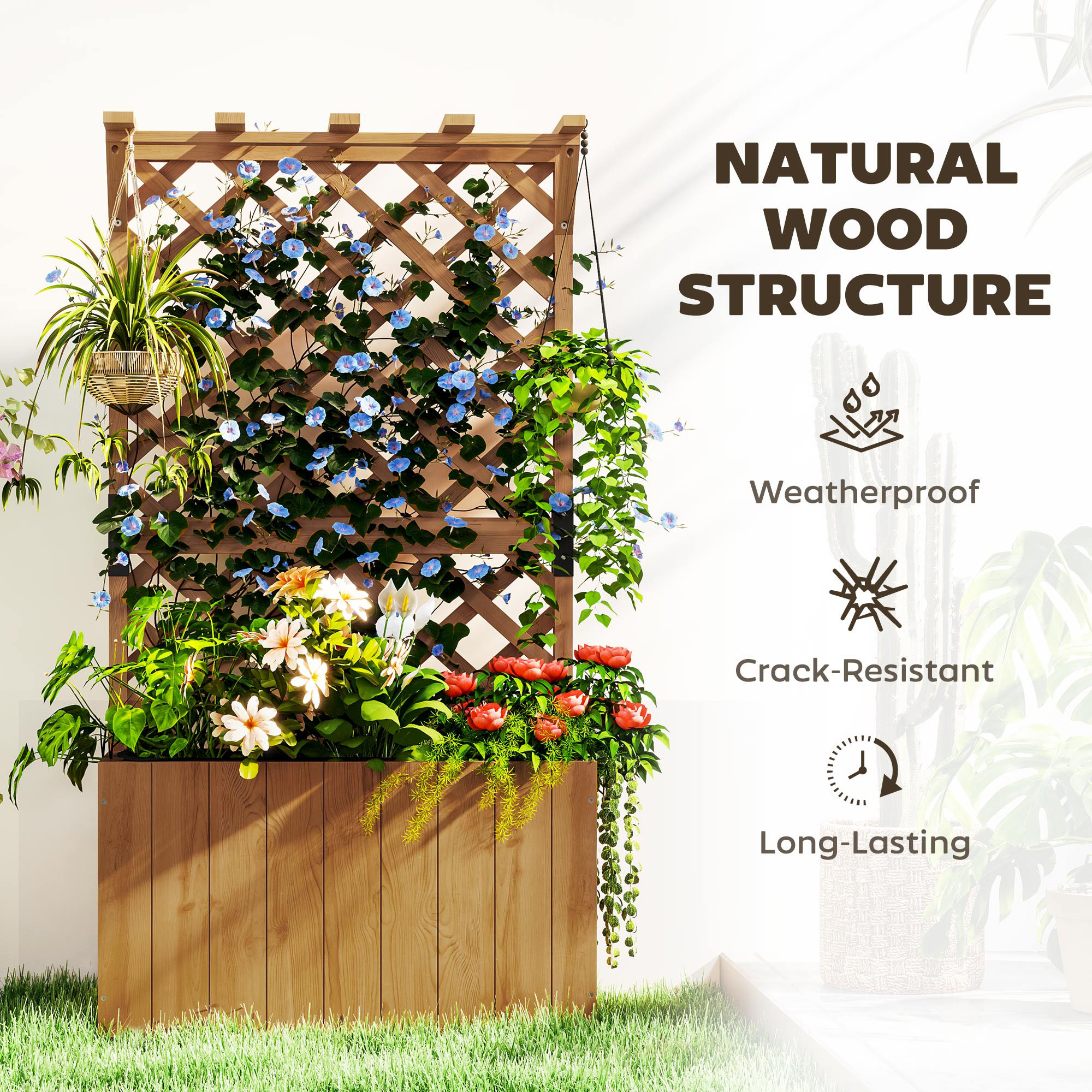 Wooden Flower Pot With Rack, Independent Elevated Garden Bed Drainage Holes — image 2