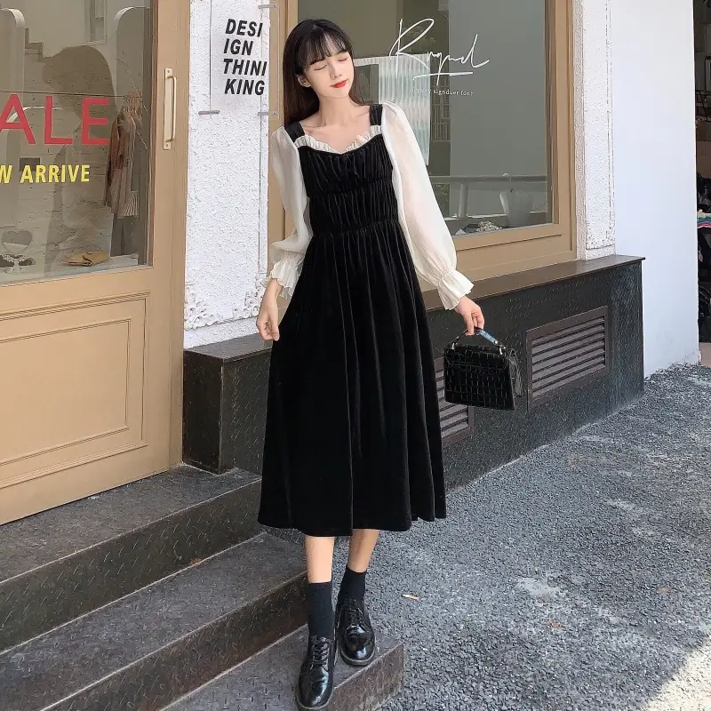 Women's Square Neck Gold Velvet Slim Dress