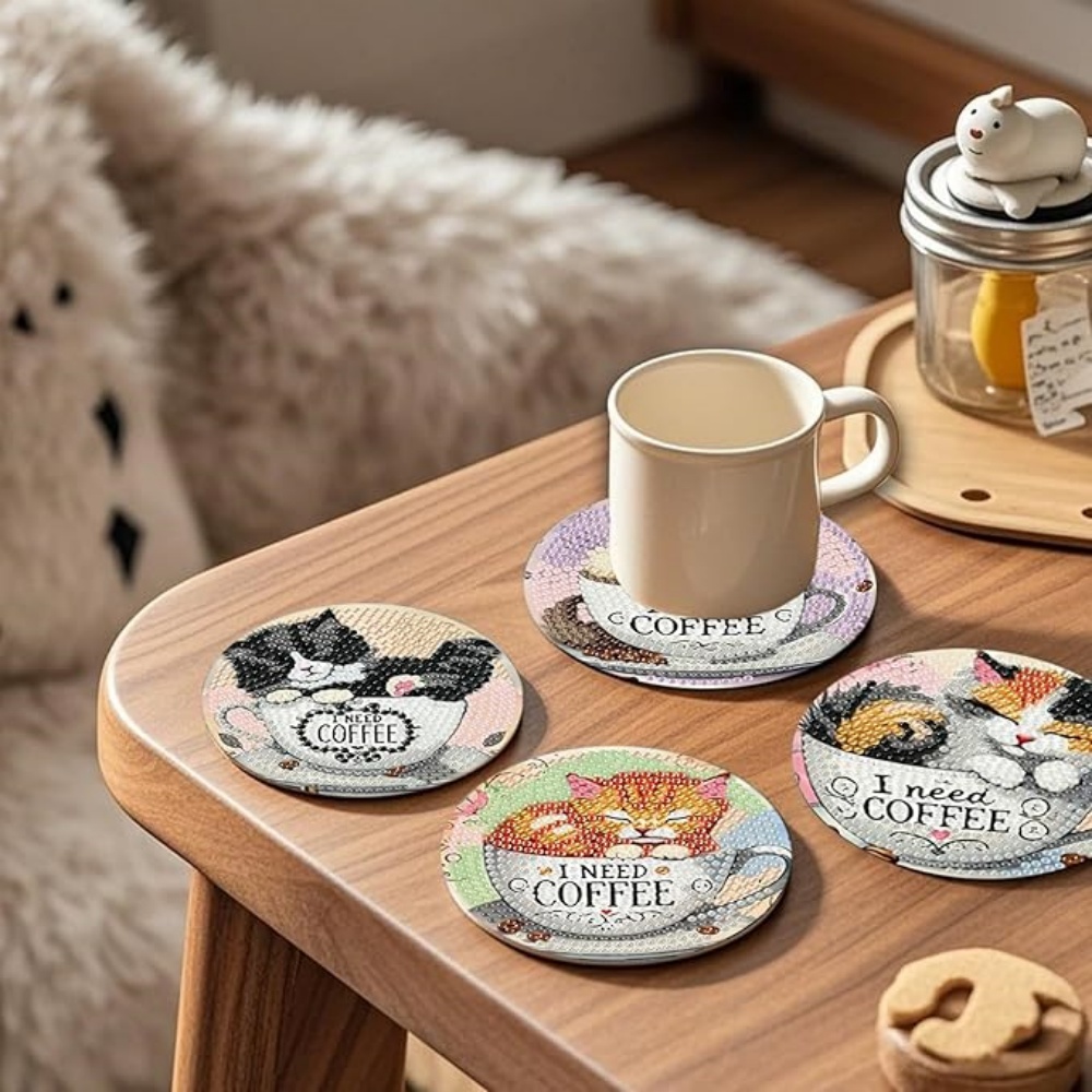 Diamond Art Drawing Coaster With Bracket, DIY Cat Pattern Diamond Art Coaster, Suitable For Adults And Beginners Diamond Drawing Kit, Diamond Kit Craft Supplies, Exquisite Gifts For Friends