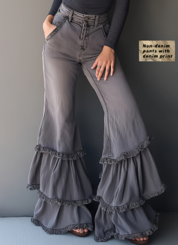 Denim-like Printed Multi-layer Ruffled Flared Pants