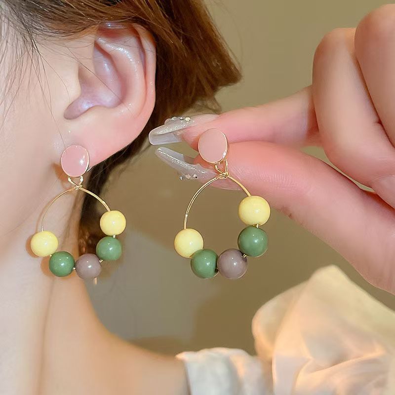 Street Fashion French Vintage Flat Round Resin Tassel Circle Hoops, S925 Silver Needle Elegant Light Luxury High Texture All-Match Women Earrings