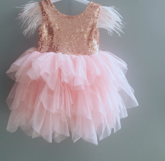 Fashion Princess Baby Feather Dress Birthday Party Toddler Girl