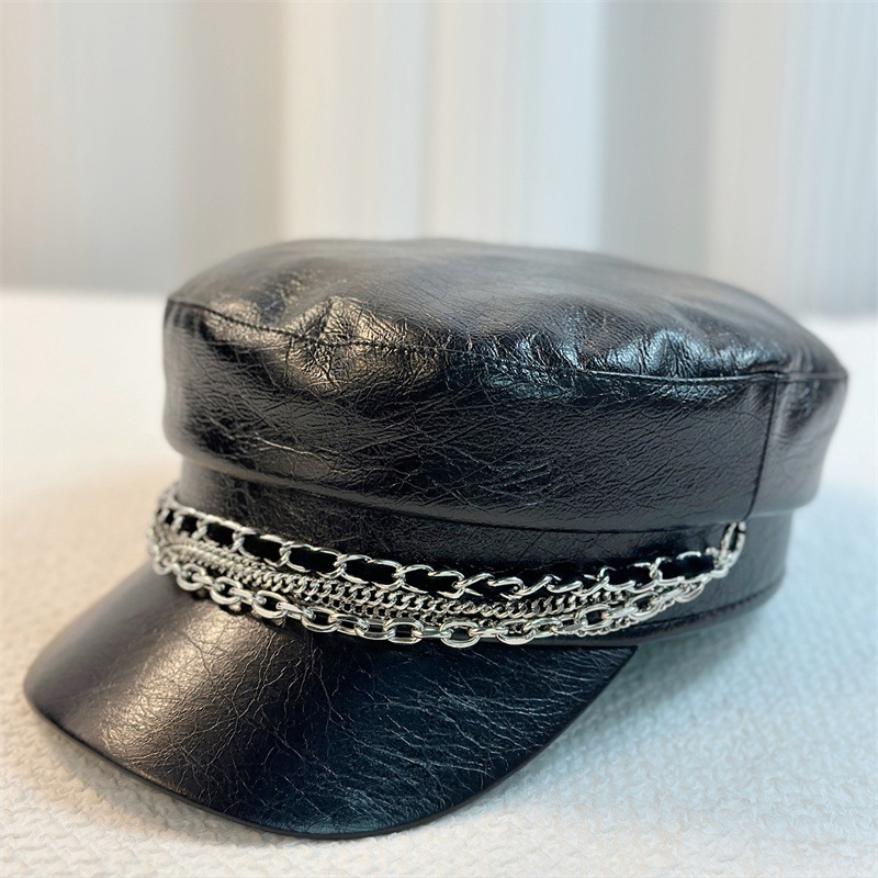 Women's PU Leather Multi-layer Chain Decorated Trendy Style Flat-top Newsboy Hat, Suitable For Daily Commuting, Parties, Gatherings And Outdoor Outings.