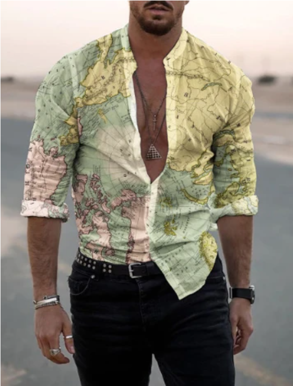 Men's Round Neck Casual Map Print Men's Shirt