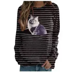 T-Shirt Women's Fashion Stripe Top With Long Sleeve - Big Grey Cat - View 1