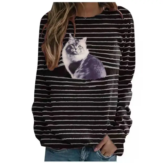 T Shirt Women's Fashion Stripe Top With Long Sleeve Big Grey Cat - Shop at LoveMi