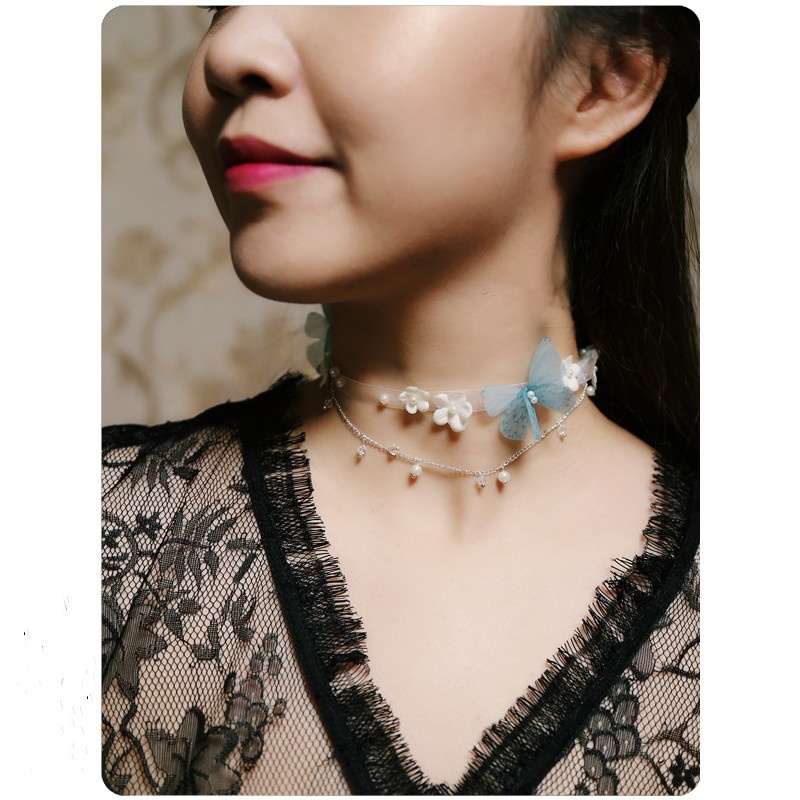 Title 1, Light Blue Tulle Butterfly Small Flower Necklac...