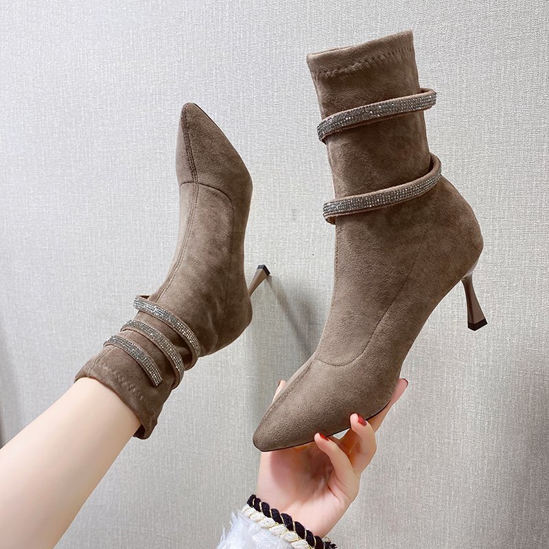 Pointed Fashion Boots Rhinestone French High Heels Red - Shop at LoveMi