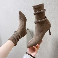 Pointed Fashion Boots Rhinestone French High Heels - Red - View 1