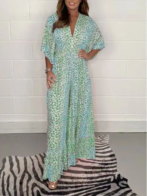 Printed V-neck High Waist Loose Jumpsuit Wide Leg Pants