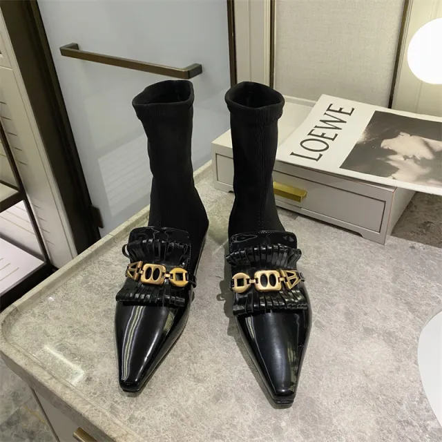 Martin Boots Flat Patent Leather Wool Socks And Ankle Boots Black - Shop at LoveMi