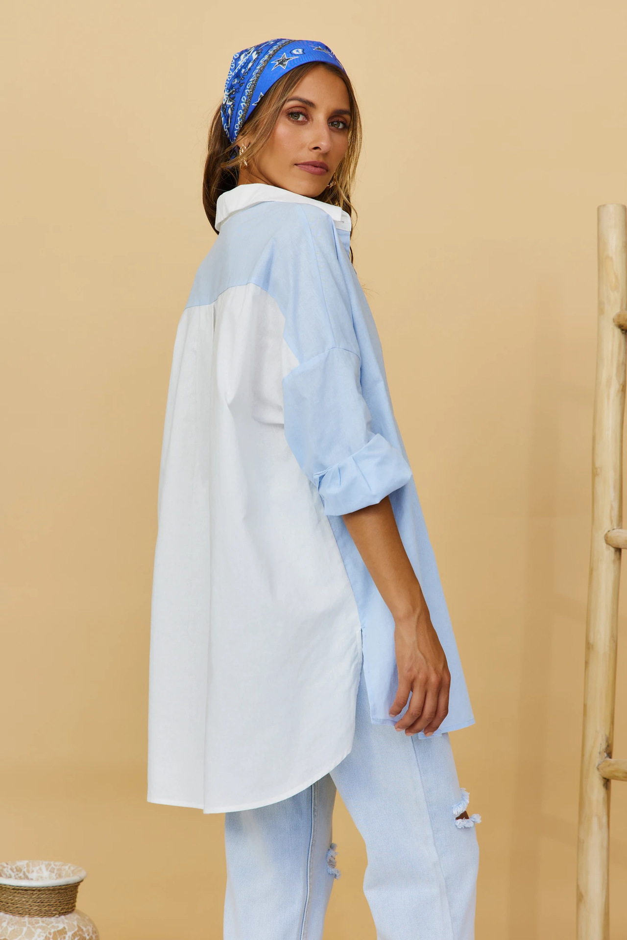 Fashion All-match Cardigan Stitching Single-breasted Cotton Lapel Blue Top Women's