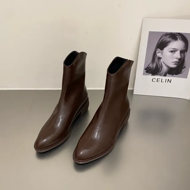 Women's Thick Heel Back Zipper Pointed Toe Ankle Boots Brown - Shop at LoveMi