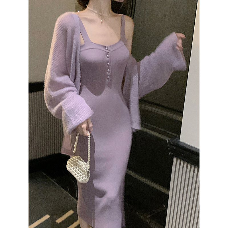 Hip Wrapped Purple Knitted Dress Cardigan Two-piece Suit