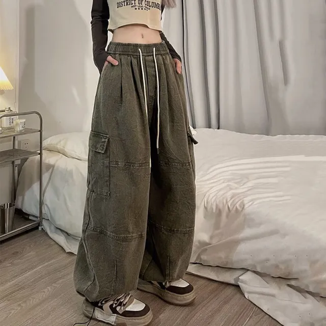 Vintage Cargo Pants Female Autumn Cotton Army Green - Shop at LoveMi