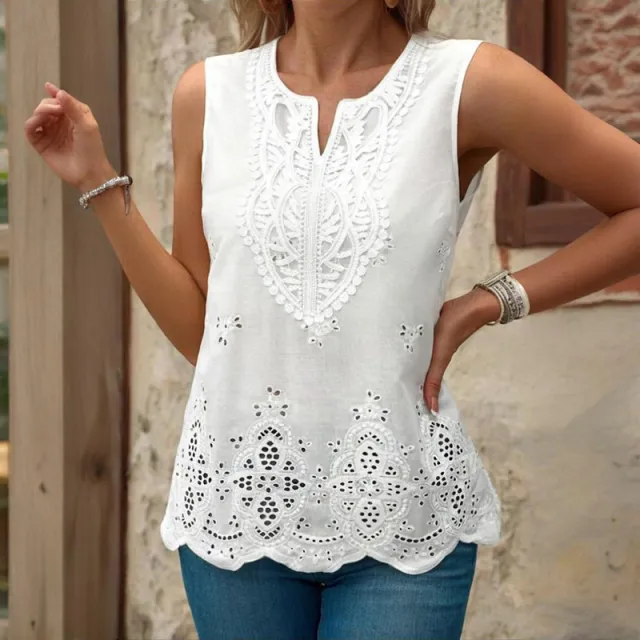Women's Embroidered Eyelet Tops Notched Neck Sleeveless Lace Trim Blouses Shirts White - Shop at LoveMi