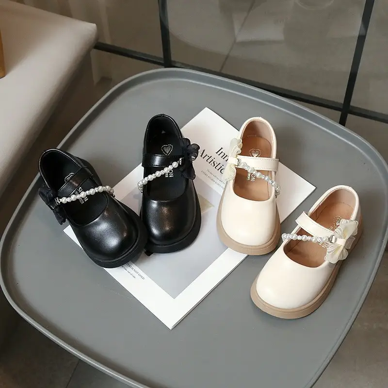 Girls' Princess Shoes, Spring & Autumn New Arrival, Sweet Leather Shoes With Pearl & Bow, Soft-Sole All-Match Flats For Big & Middle Kids
