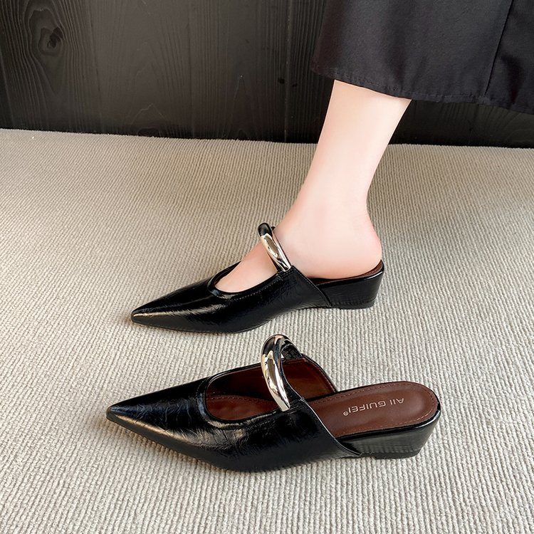 Elegant Pointed Toe Metal One-Strap Mules 2025 Summer New Wedge Heel Platform Sandals For Women