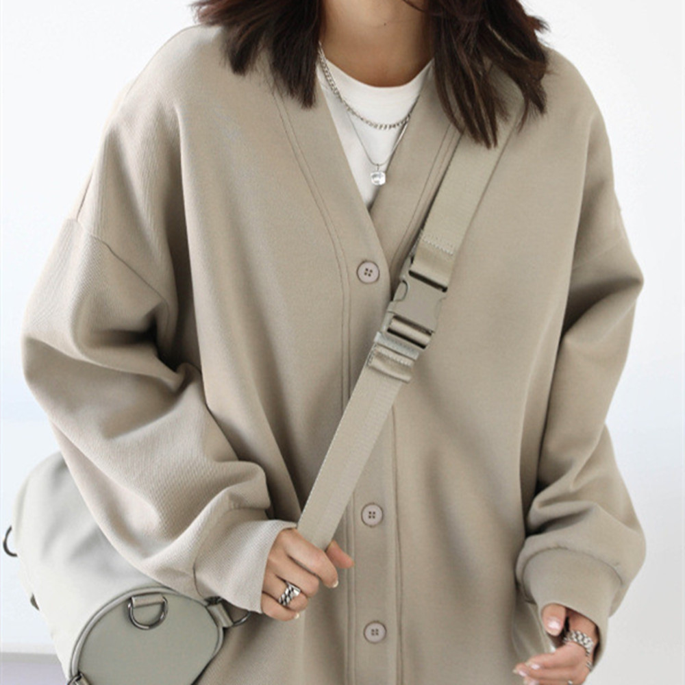 Casual Versatile Loose V Neck Mid Length Cardigan Jacket Milk Tea Color L - Shop at LoveMi