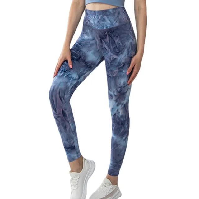 Tie dye Printed Yoga Pants Summer High Elastic Nude Running Fitness Blue - Shop at LoveMi
