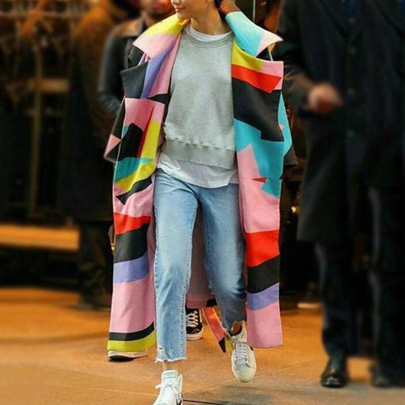 Fashionable Temperament And Generous Multi-color Block Long-sleeved Coat