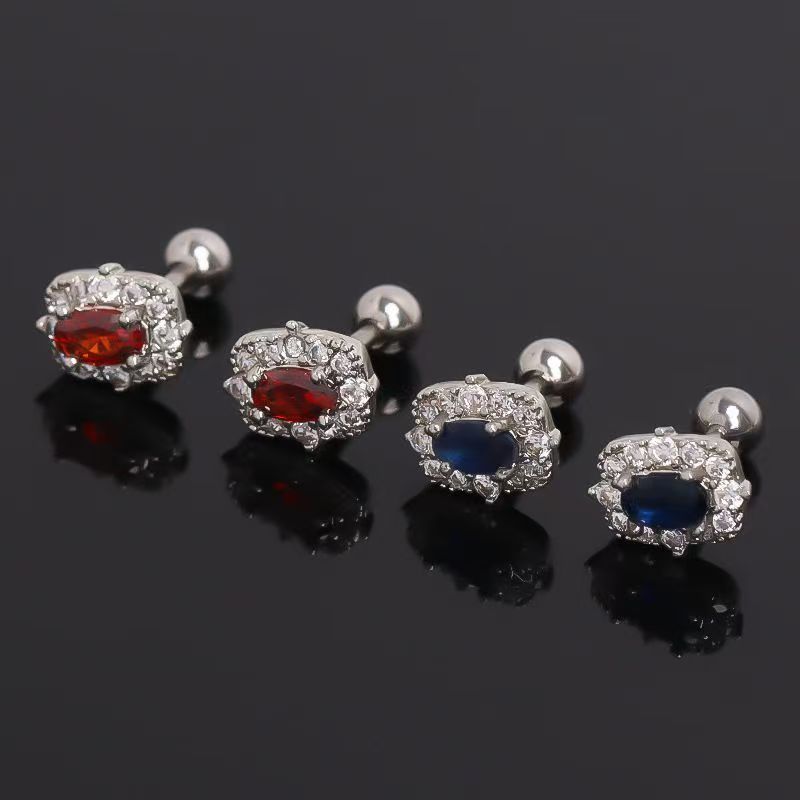 New Oval Earrings Inlaid With Red & Blue Zircon Rhinestones, High-End Electroplated Light Luxury Stud Jewelry For Men & Women