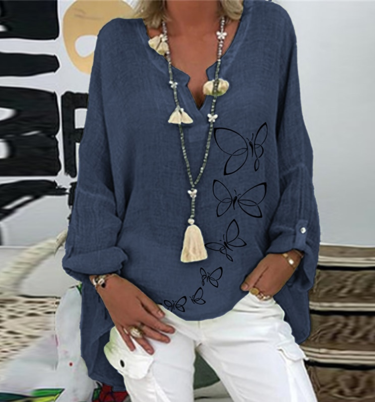 V-neck Printed Slub Shirt Women