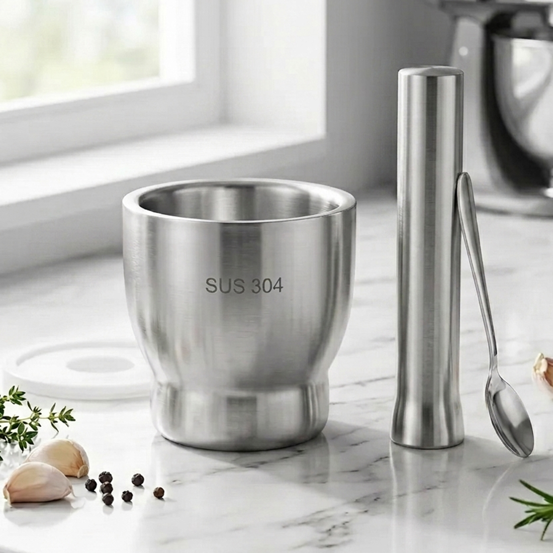 Steel Garlic Mortar And Pestle-Manual Crusher & Grinder For Herbs & Spices — image 3