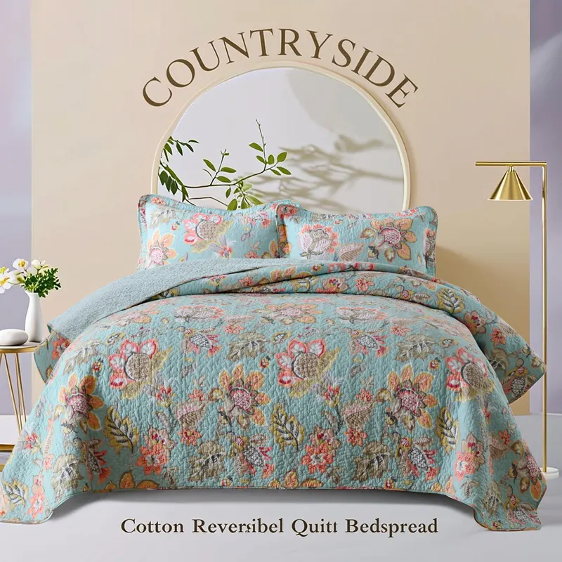 Cotton Reversible Quilt Bedspread Set American Countryside