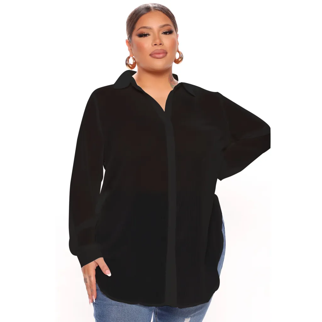 Women's Fashion Long Sleeve Shirts See-Through Protective Clothes - Black