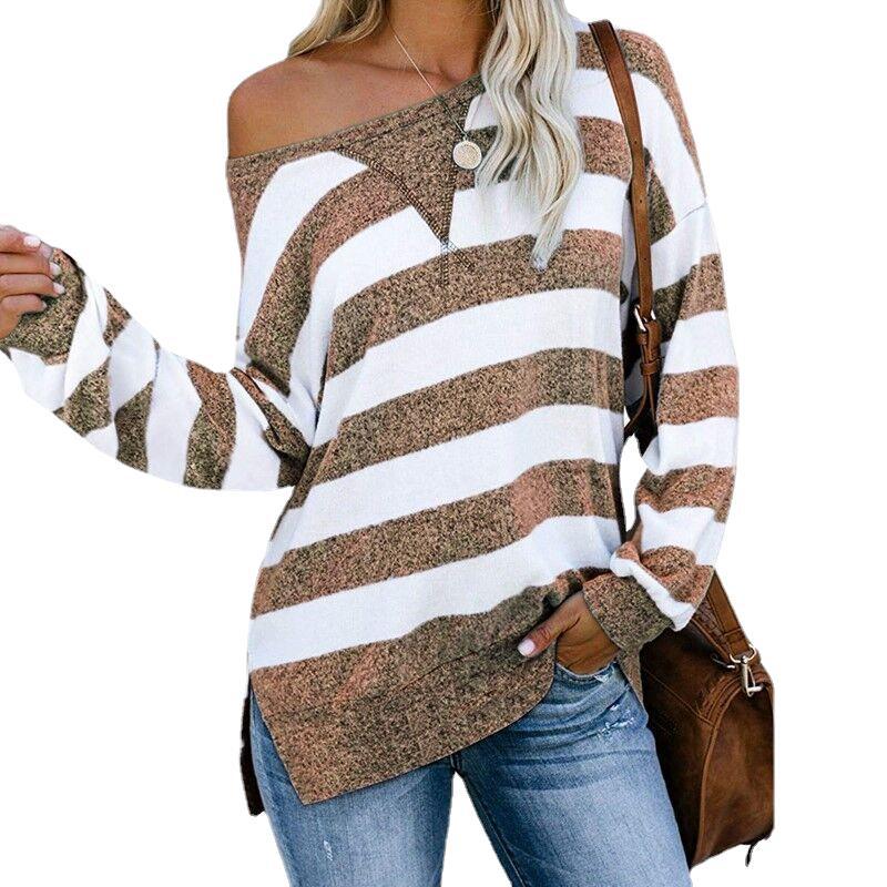 Title 5, Casual Loose Colorblock Striped Long Sleeve Wom...