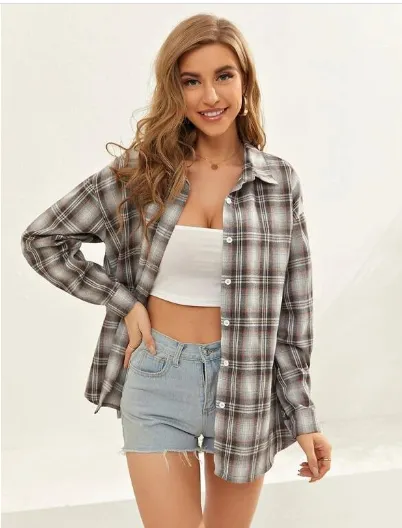 Loose And Slim Lapel Long Sleeved Brushed Plaid Shirt Grey - Shop at LoveMi