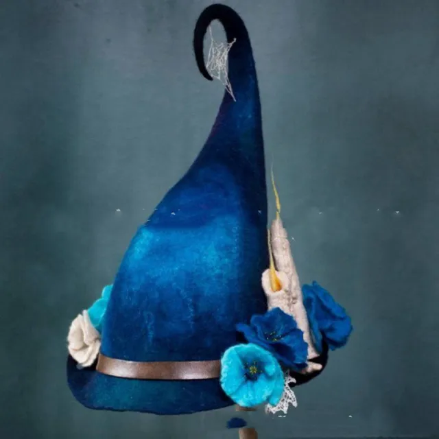 Women Modern Witch Hat Costume Pointed Wool Felt Halloween Party Hats Witch Hat Warm Autumn Winter Cosplay Props Blue - Shop at LoveMi
