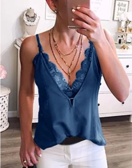 V Neck Chest Mesh Halter Camisole Summer Blue - Shop at LoveMi