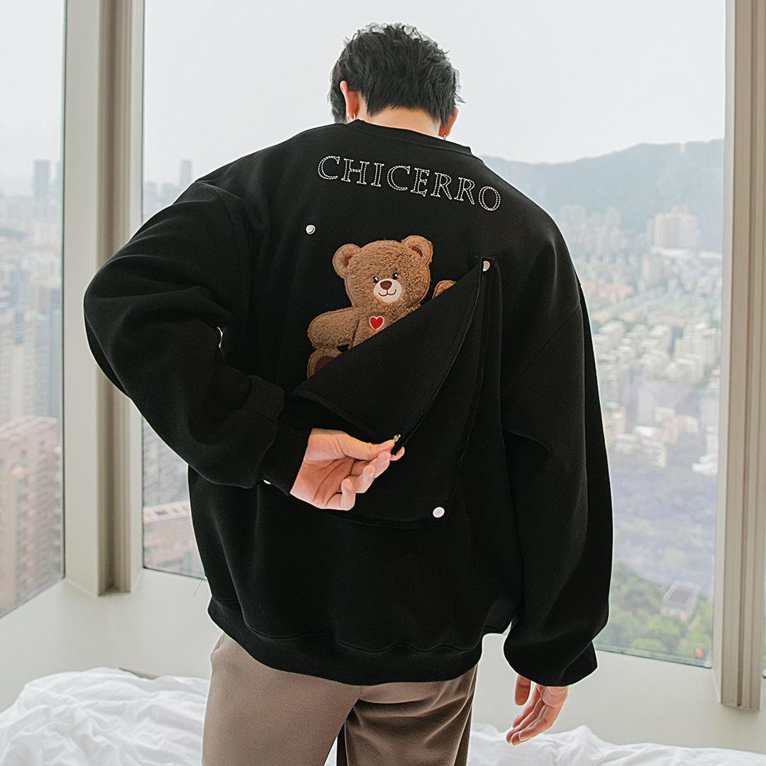 Turtleneck Long-sleeved Top Design Sense Of Flocking Letters On The Back Cute Bear Loose Round Neck Sweater