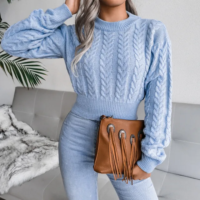 Cable Knit Waist Cinched Cropped Sweater Blue - Shop at LoveMi