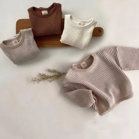 Babies and Young Children's Simple Waffle Loose Pullover T-shirt