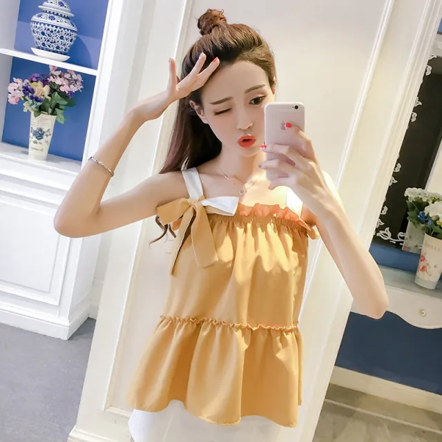 Summer One line Neck Sling Top Super Fairy Temperament Strapless Sleeveless Chiffon Shirt Yellow - Shop at LoveMi