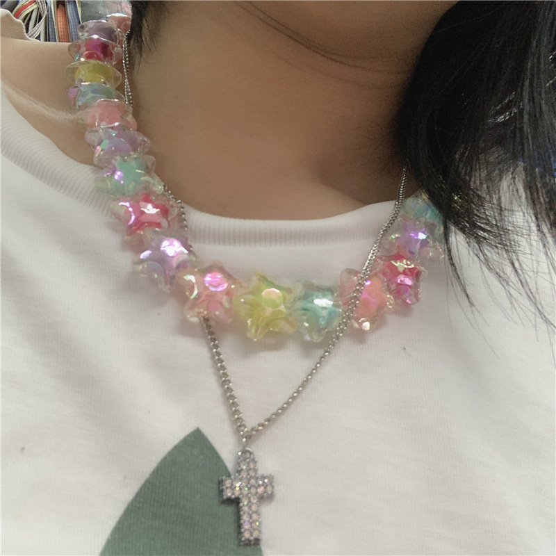 Colorful Beaded Stars Double Diamond-encrusted Cross Necklace Choker