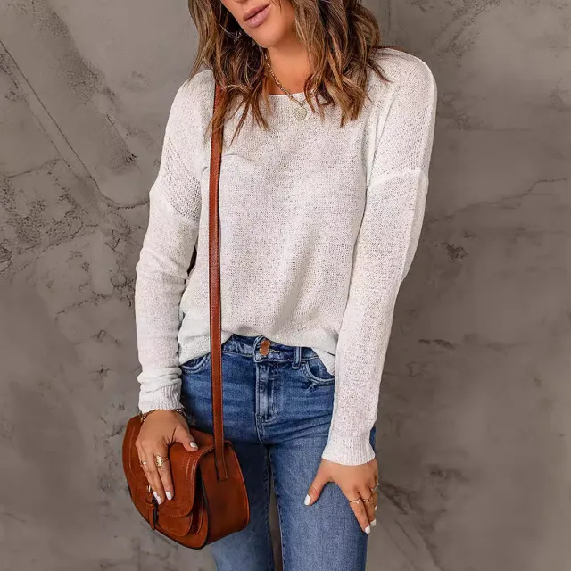 Casual Solid Round Neck Pullover Sweater Fashion Loose Long Sleeve Top Womens Clothing White - Shop at LoveMi