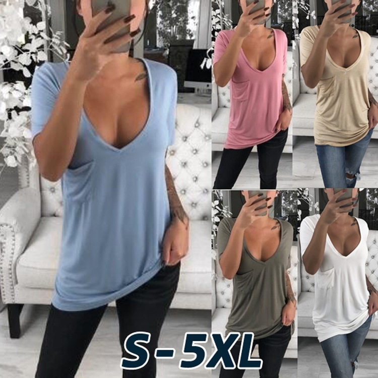 Title 4, Solid Color V-neck Chest Pocket Casual Top Wome...