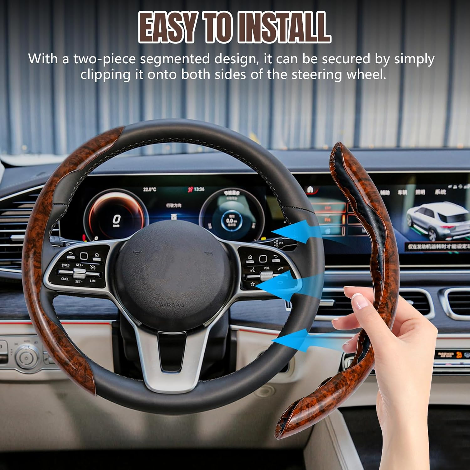 Wood-grain Steering Wheel Cover, Anti-slip Segmented Steering Wheel Protector, Anti-slip Wheel Cover, Suitable For Most Vehicles, Suitable For Both Men And Women - Black Wood-grain Color